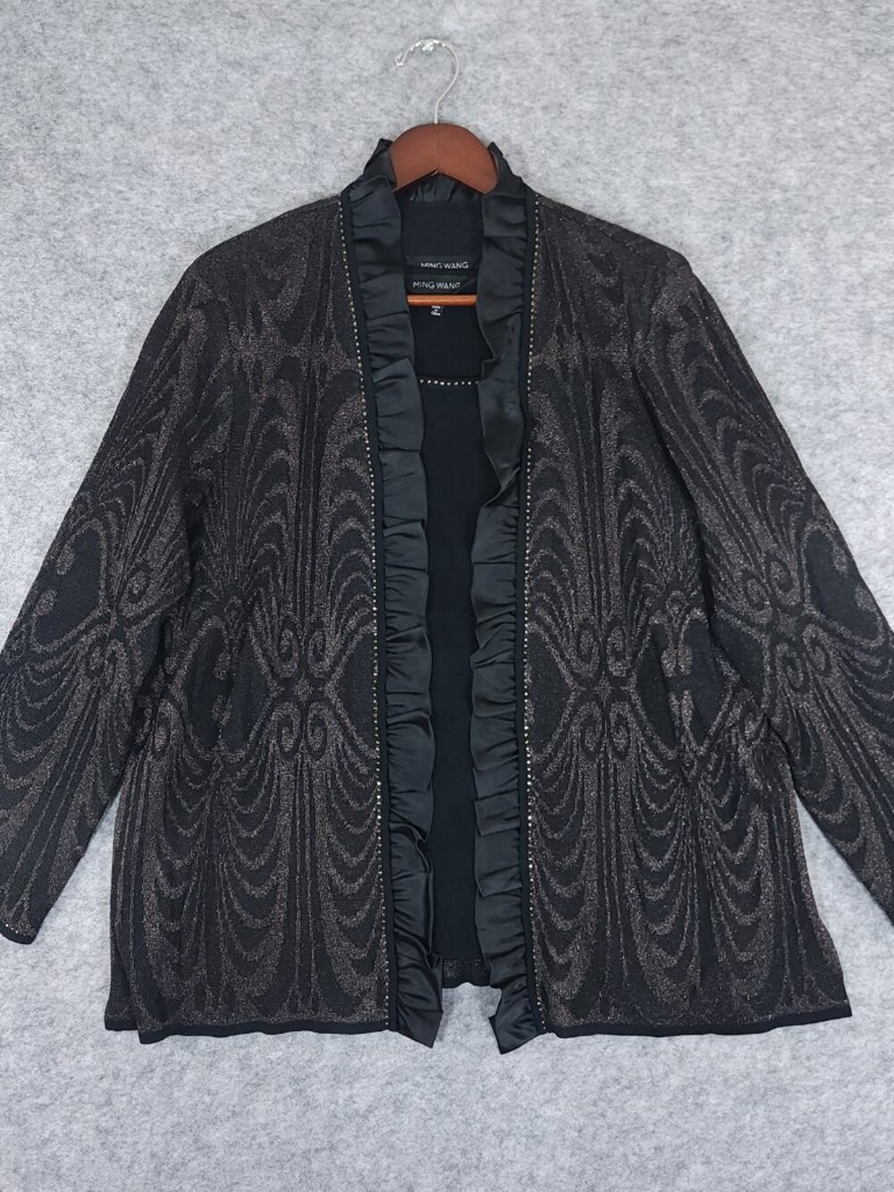 Ming Wang 2pc Set Black Metallic Ornate Ruffle Jacket Beaded Tank Top Size 1X